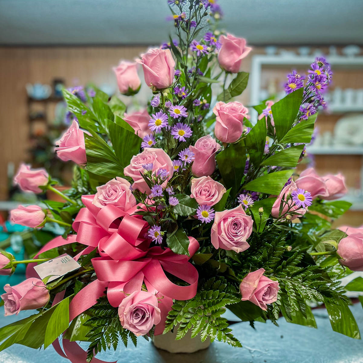 Pink Rose Funeral Basket by Annaville Florist