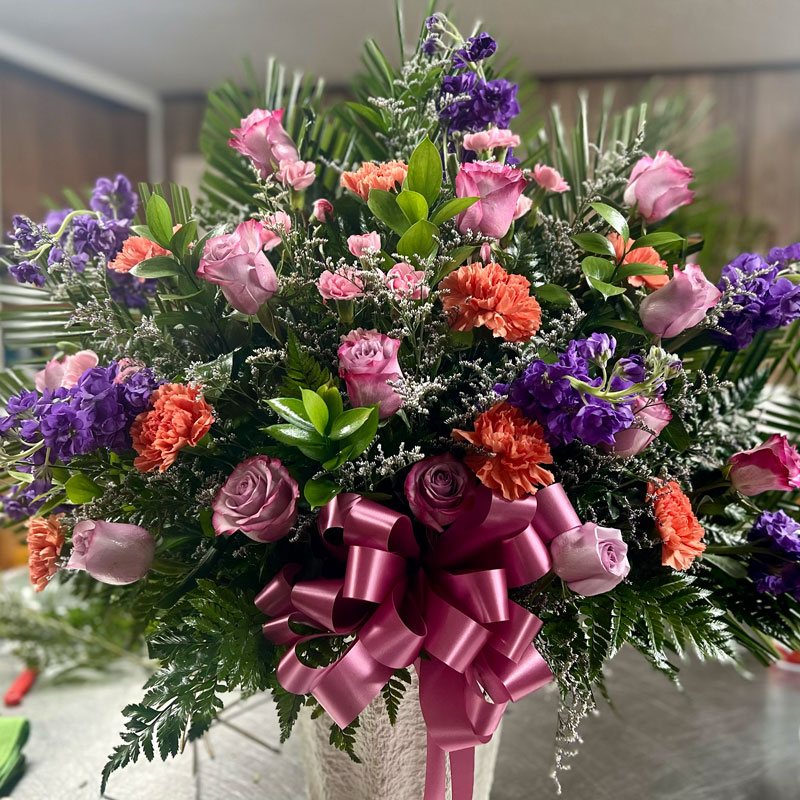 Mixed Funeral Basket with Pink Roses