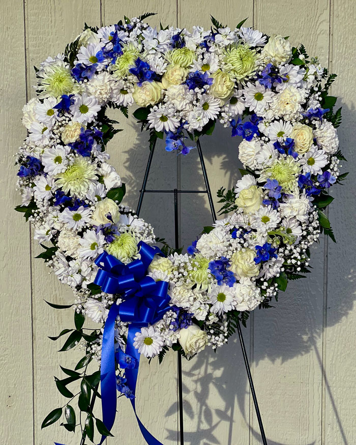 Blue and White Open Heart Funeral Spray in Corpus Christi, Texas