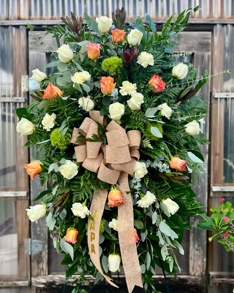 Rustic Funeral Spray with White and Orange Roses in Corpus Christi, Texas