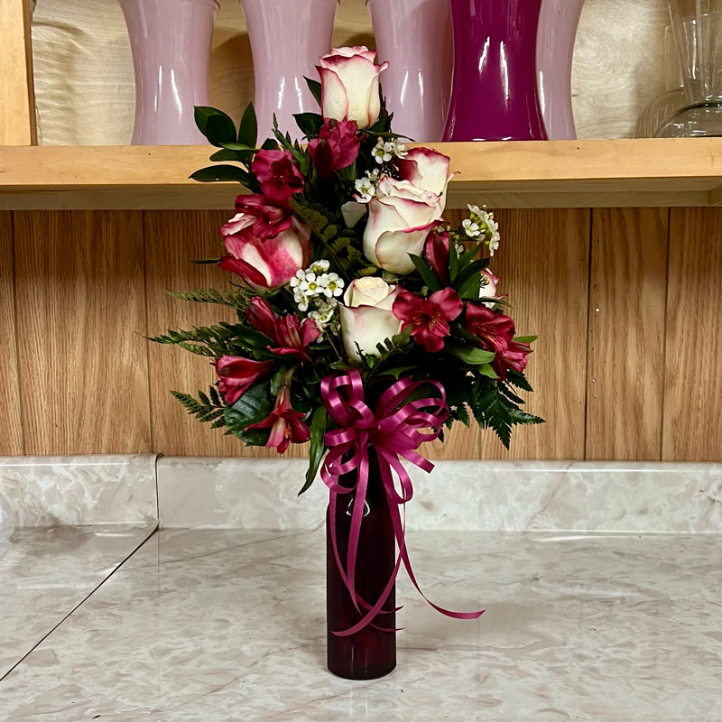 Valentine's Day Red Bud Vase with a Half Dozen Specialty Roses